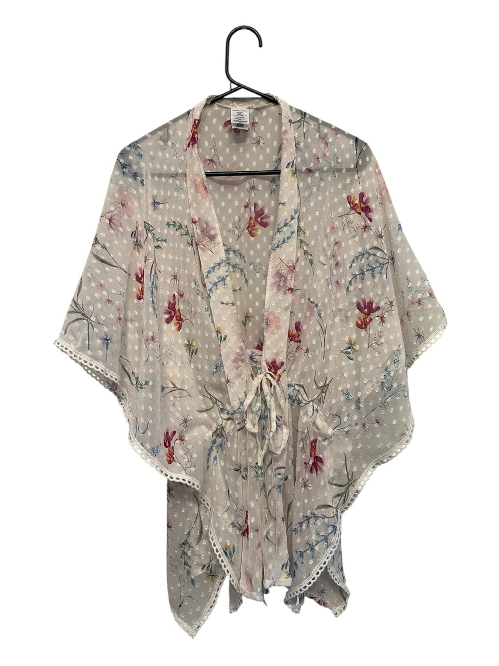 Source Unknown Sheer Tie-Front Cream Floral Lightweight Kimono Cardigan L/XL